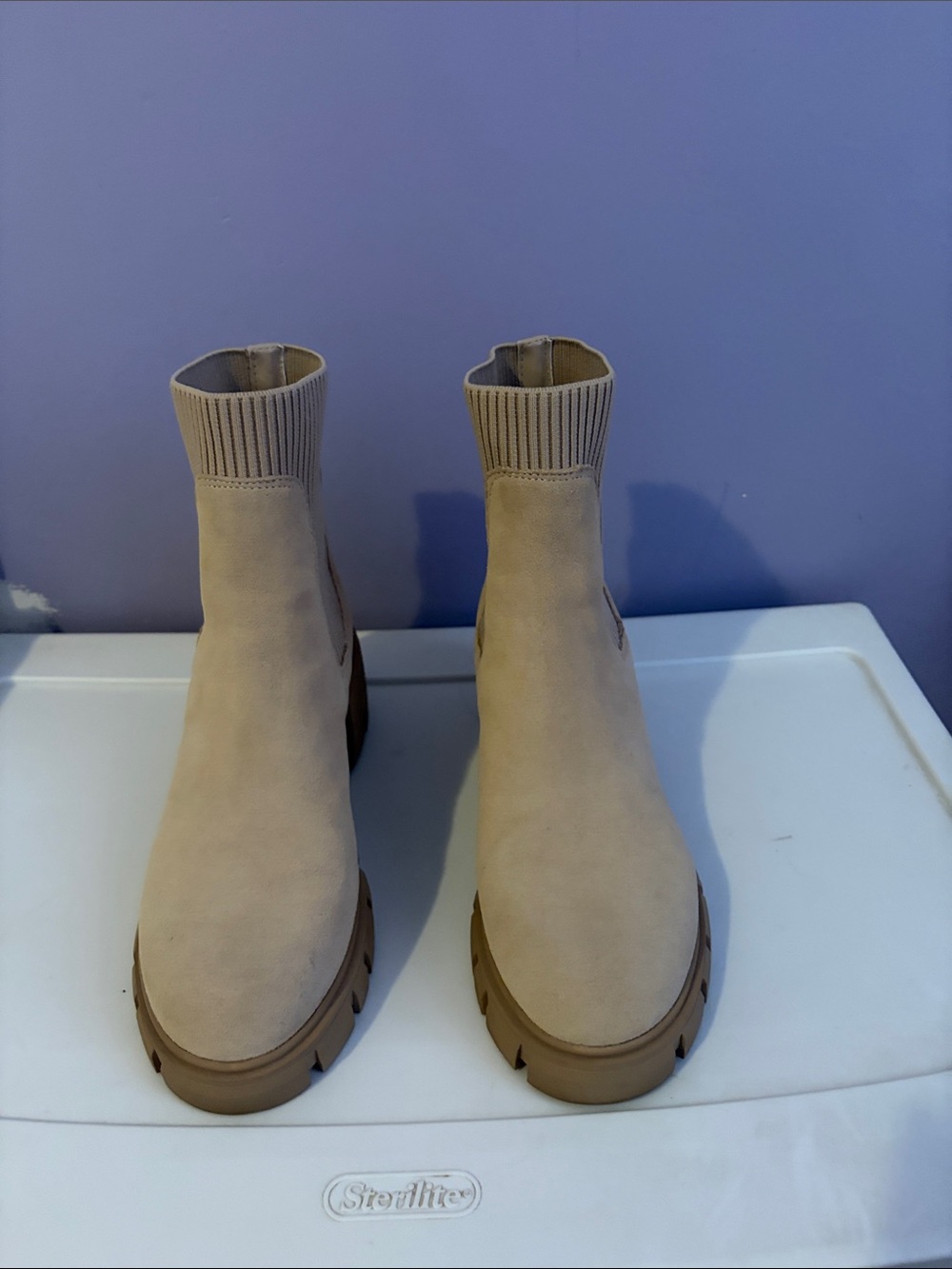 Steve Madden Suede Beige Chelsea Knit-Top Ankle Boots